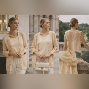 Vintage Suzy T Beaded Knit Cardigan & Sleeveless Top Set